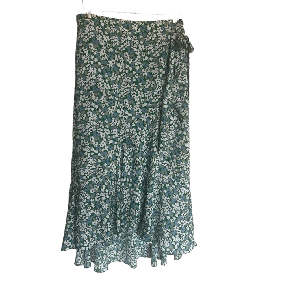 Max Studio Green Floral Faux Wrap Ruffle Hem Midi Skirt Size S